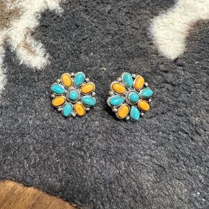 Faux Turquoise and Orange Spiny Cluster Earrings